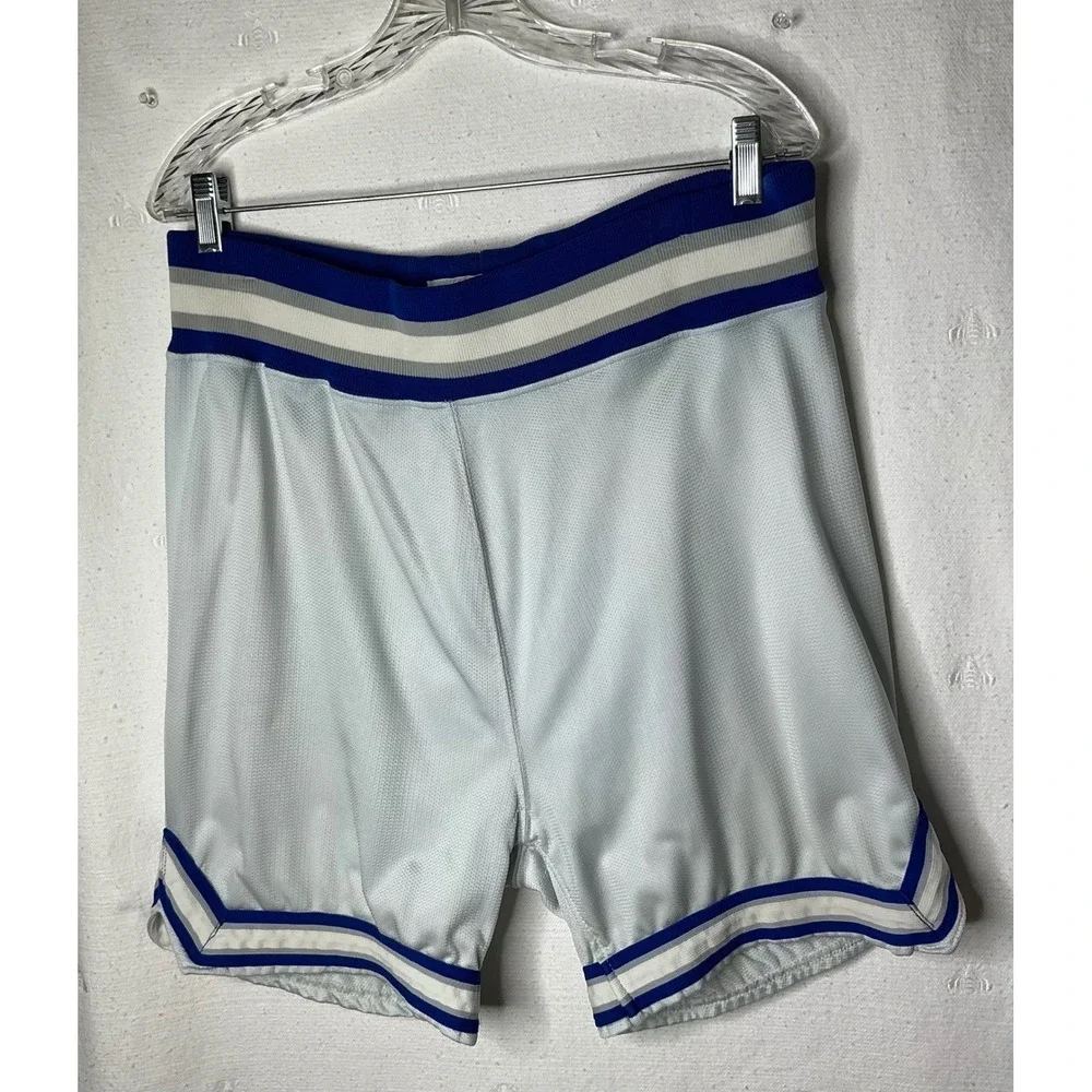 Vintage DeLONG Mens Mesh Basketball Shorts White Blue Gray Striped Size 36 12-94